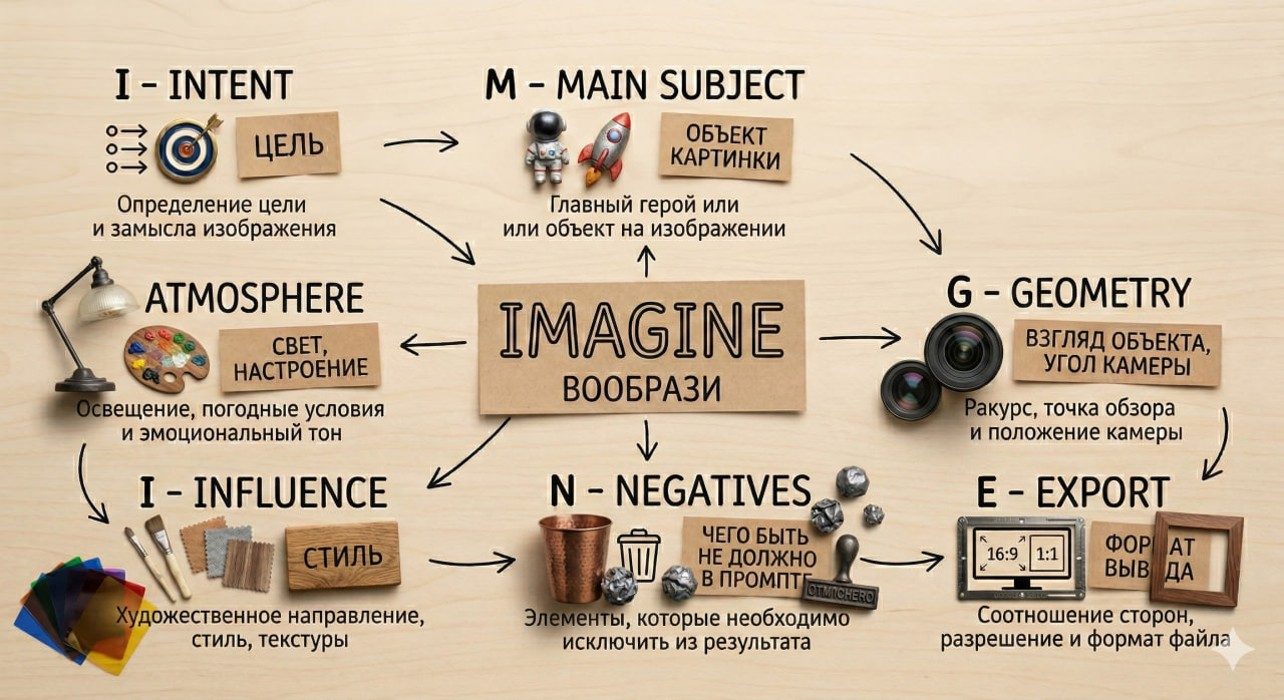Инфографика IMAGINE: 7 элементов промпта для генерации изображения